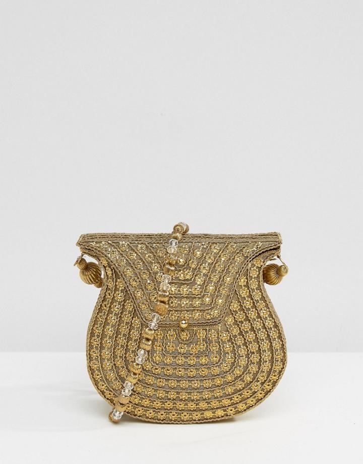 Park Lane Rhinestone And Metal Gold Cross Body Bag With Beaded Strap -