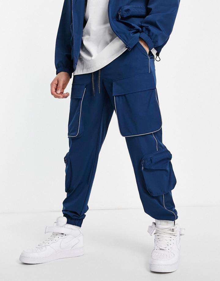 Topman Relaxed Nylon Four Pocket Cargo Pants In Blue - Part Of A Set