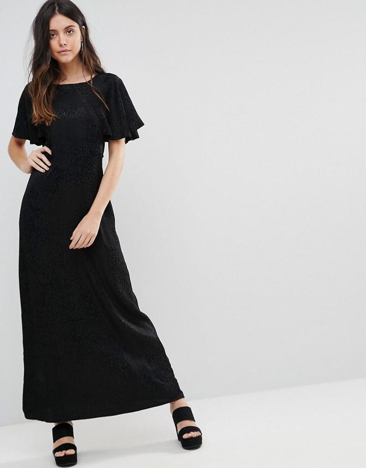 Liquorish Animal Jacquard Frill Sleeve Maxi Dress - Black