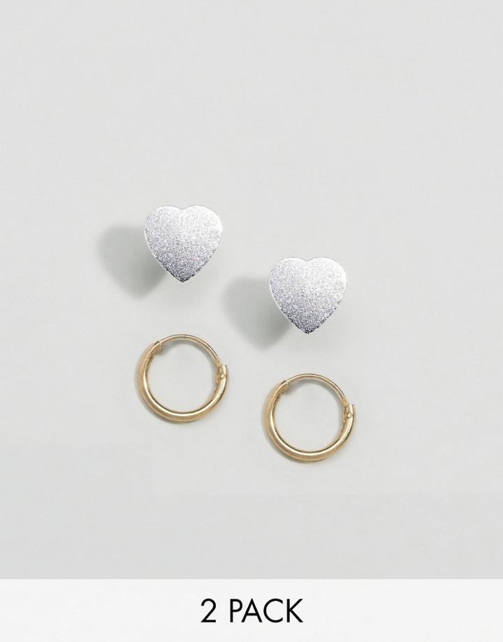 Asos Sterling Silver Pack Of 2 9mm Hoop And Heart Stud Earrings - Multi