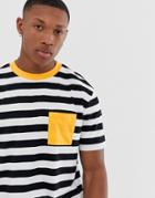 Asos Design Organic Cotton Relaxed Yarn Dye Stripe T-shirt With Contrast Neck And Pocket - White