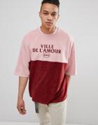 Asos Design Oversized Towelling T-shirt With Cut & Sew Panel And French Text With Half Sleeve - Pink