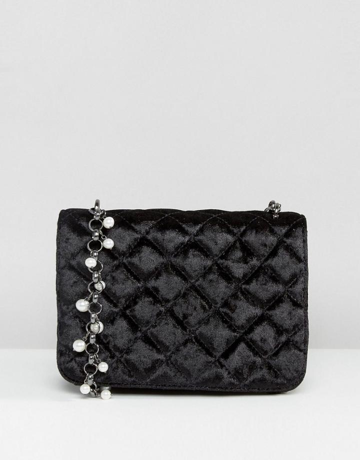 Asos Velvet And Pearl Chain Cross Body Bag - Black
