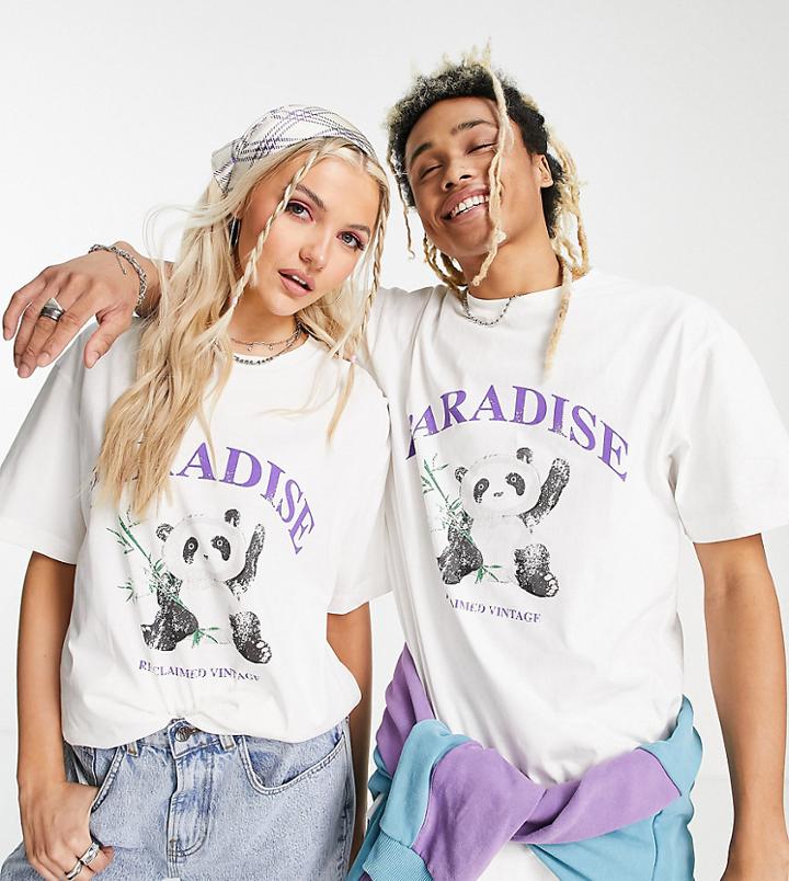 Reclaimed Vintage Inspired Unisex T-shirt With Panda Paradise Print In Ecru-white