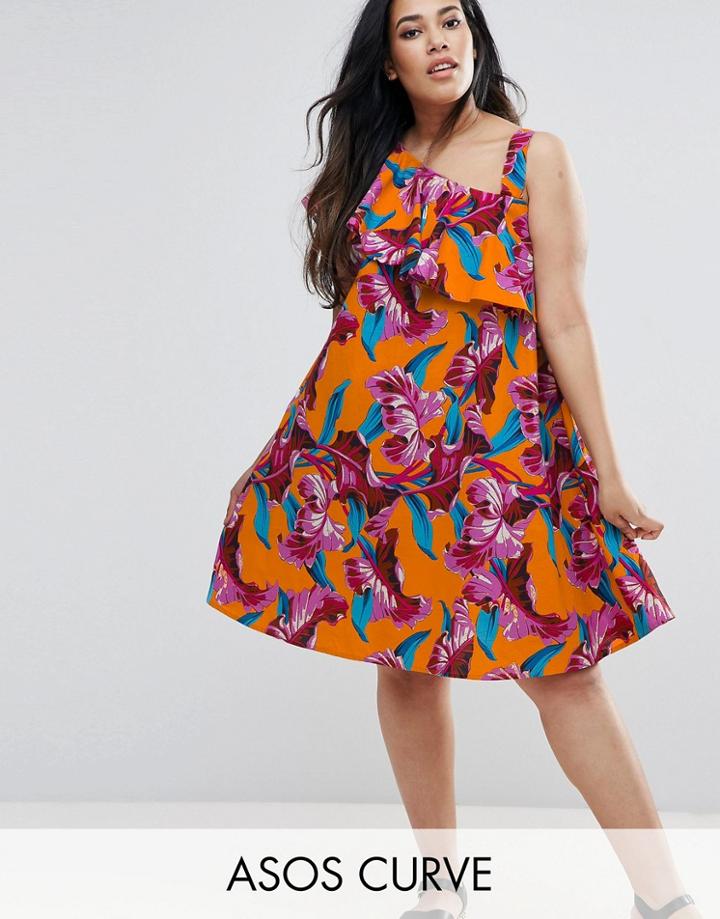 Asos Curve One Shoulder Ruffle Sundress In Bright Tropical Print - Multi