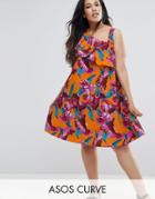 Asos Curve One Shoulder Ruffle Sundress In Bright Tropical Print - Multi