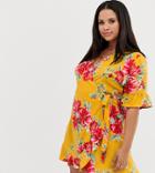 Influence Plus Wrap Dress With Frill Detail In Floral Print - Yellow