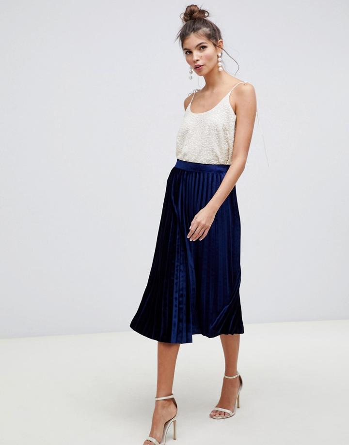 Asos Design Pleated Velvet Midi Skirt - Navy