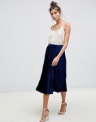 Asos Design Pleated Velvet Midi Skirt - Navy