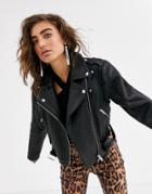 Object Leather Biker Jacket With Zip Details-black