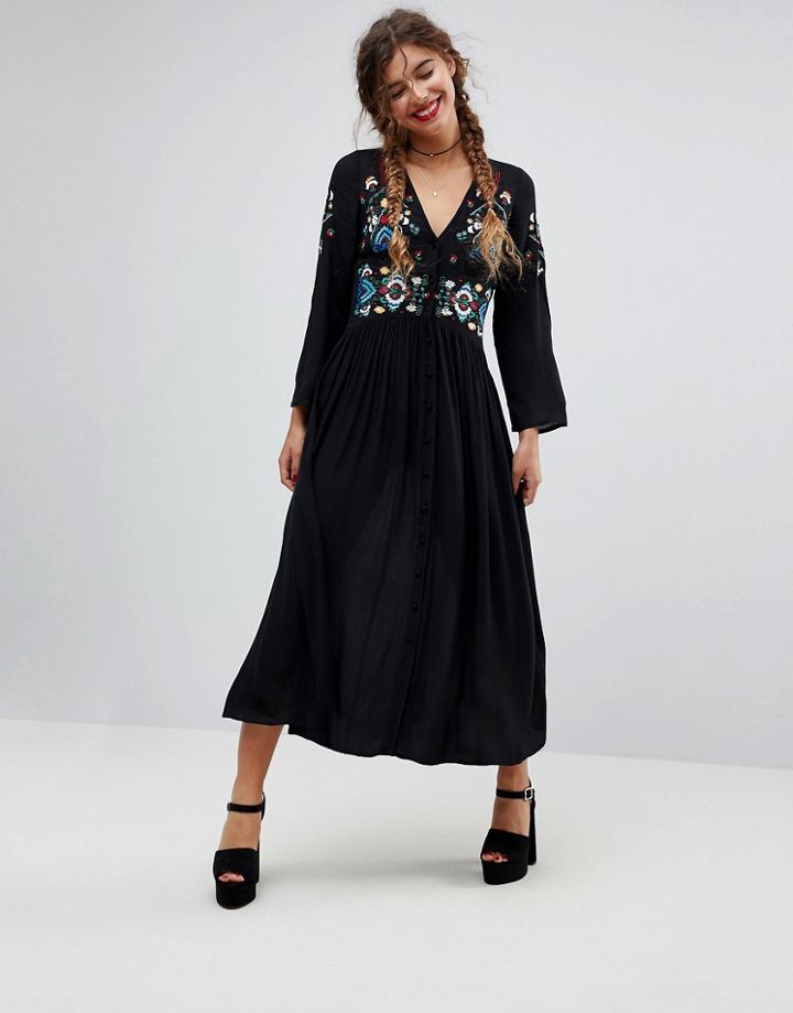 Asos Embroidered Maxi Dress - Black