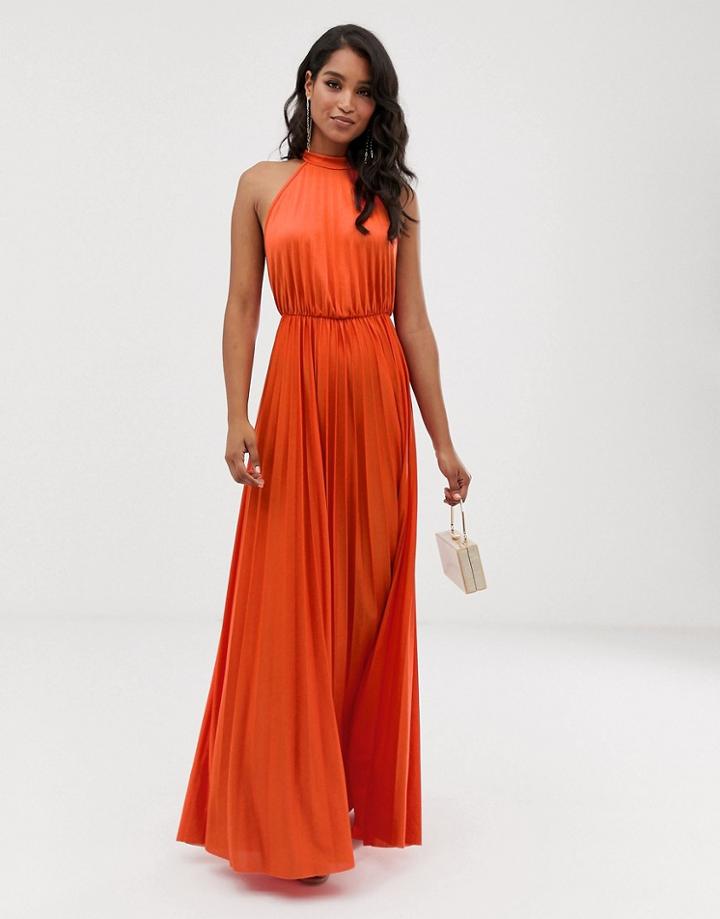Asos Design Halter Pleated Waisted Maxi Dress - Orange
