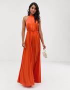 Asos Design Halter Pleated Waisted Maxi Dress - Orange