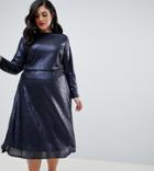 Tfnc Plus Long Sleeve Fit And Flare Sequin Midi Dress In Navy - Navy