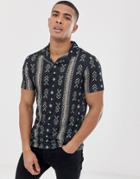 Asos Design Polo With All Over Paisley Print And Revere Collar - Black