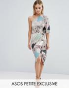 Asos Petite Midi Drape Dress In Blurred Marble Print - Multi