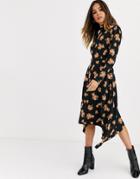 Miss Selfridge Midi Dress With High Neck In Floral Print - Black