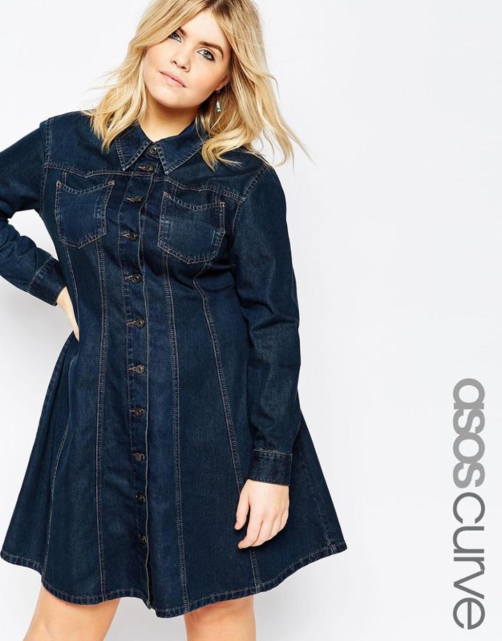 Asos Curve Denim Western Shirt Dress With Flippy Skirt - Indigo