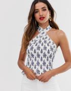 River Island Shirred Top With Halter Neck In Floral Print-white