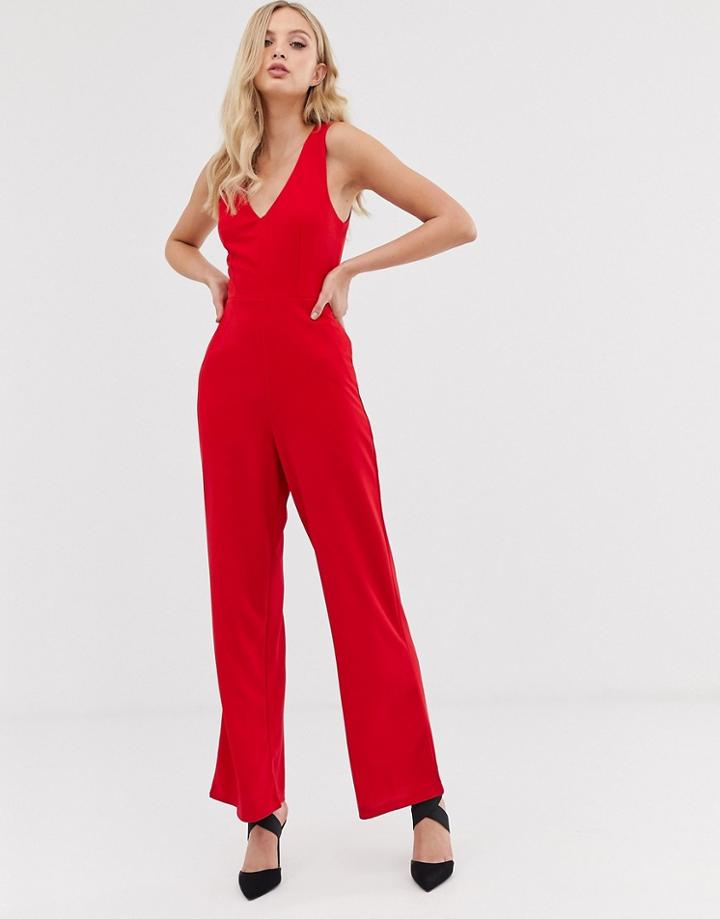 Ax Paris V Neck Wide Leg Jumpsuit-red