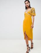 Virgos Lounge Julisa Embellished Wrap Midi Dress In Mustard - Yellow