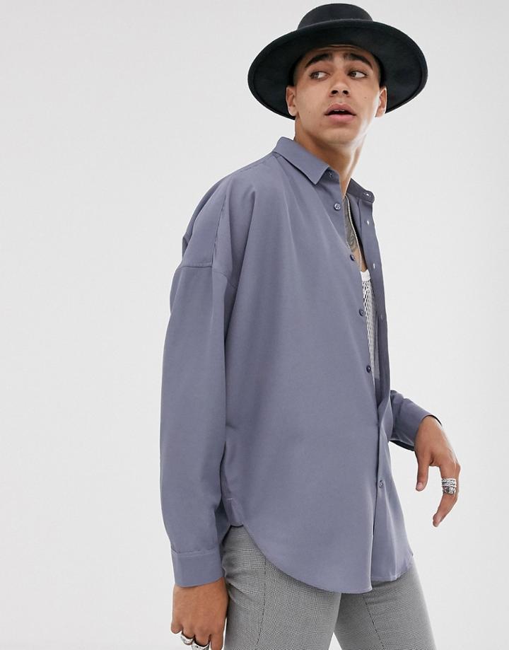 Asos Design Oversized Drop Shoulder Textured Shirt In Longline In Blue
