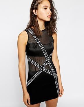 This Is A Love Song Mesh Body-conscious Dress With Logo Strip Text Detail - Black