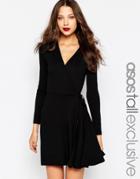 Asos Tall Wrap Front Mini Dress With Long Sleeves - Black