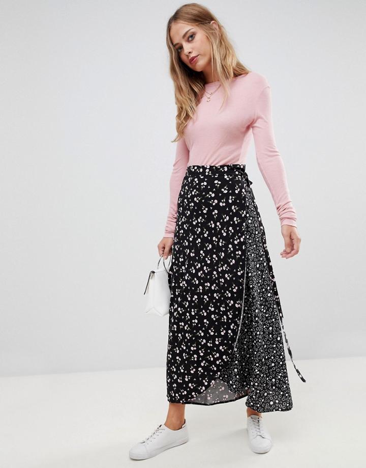 Liquorish Mix And Match Floral And Polka Dot Wrap Skirt - Navy
