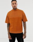 Asos Design Oversized Short Sleeve Crew Neck With Reverse Panel In Orange Interest Fabric - Orange