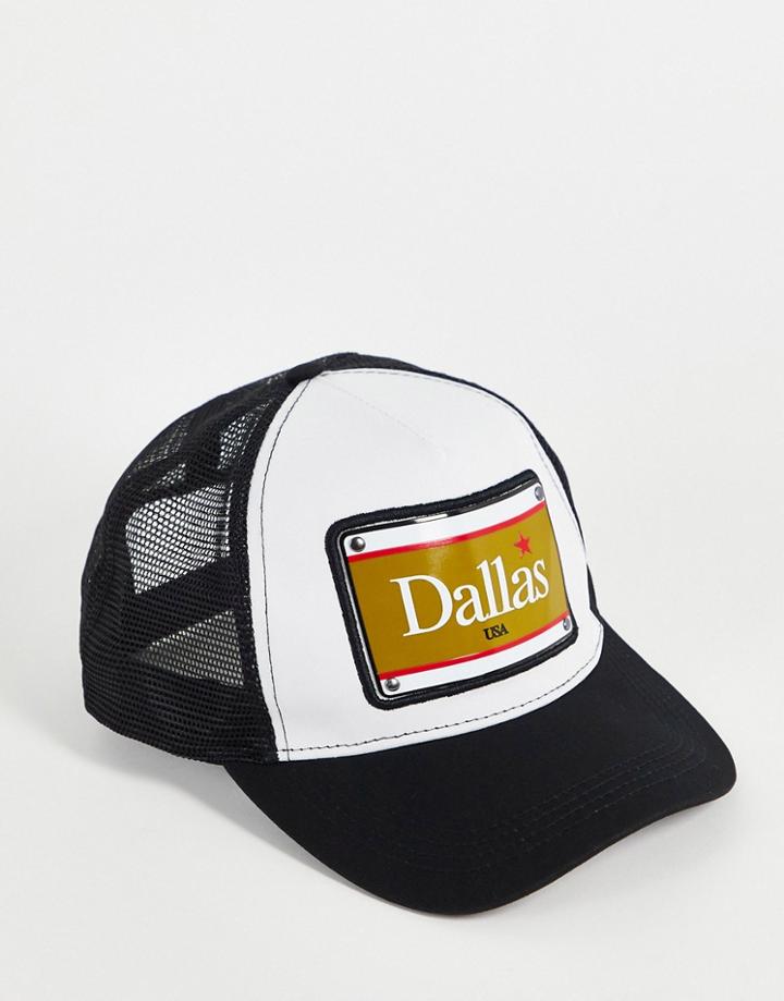 Asos Design Trucker Hat In Black And White With Metal City Badge-multi