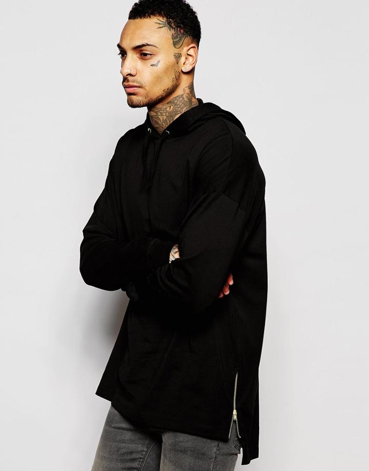 Asos Oversized Long Sleeve T-shirt With Hood And Zips - Black