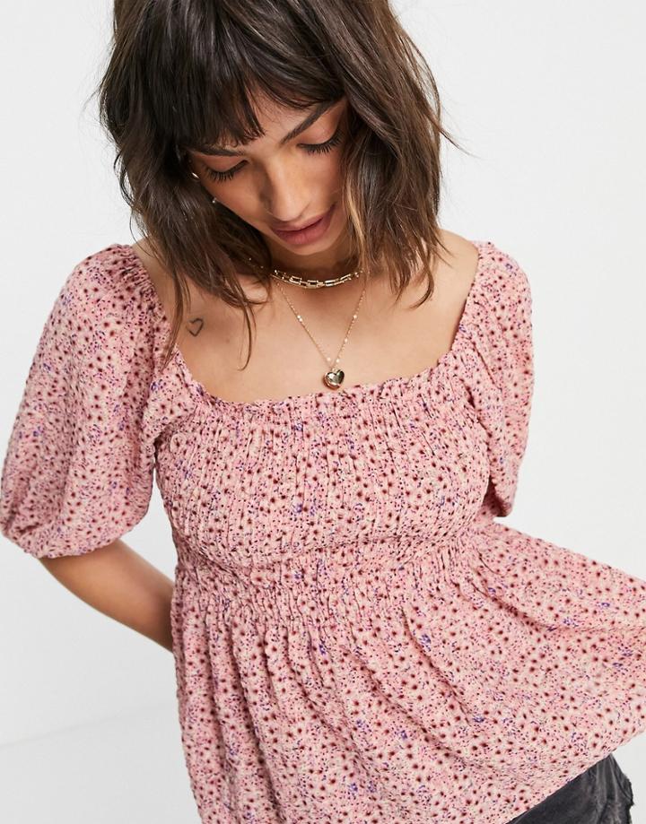Vero Moda Coordinating Shirred Smock Blouse In Pink Floral-multi