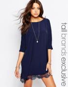 Noisy May Tall 3/4 Shift Dress With Lace Hem Detail - Navy