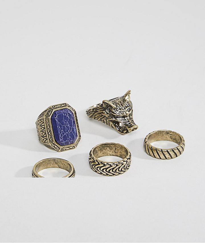 Asos Design Oversized Ring Pack In Burnished Gold With Wolf And Stone - Gold
