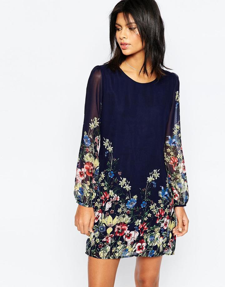Yumi Long Sleeve Shift Dress In Border Floral Print - Navy