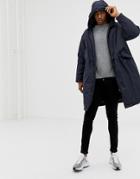 Asos Design Parka Jacket With Dropped Hem With Hood In Navy - Navy