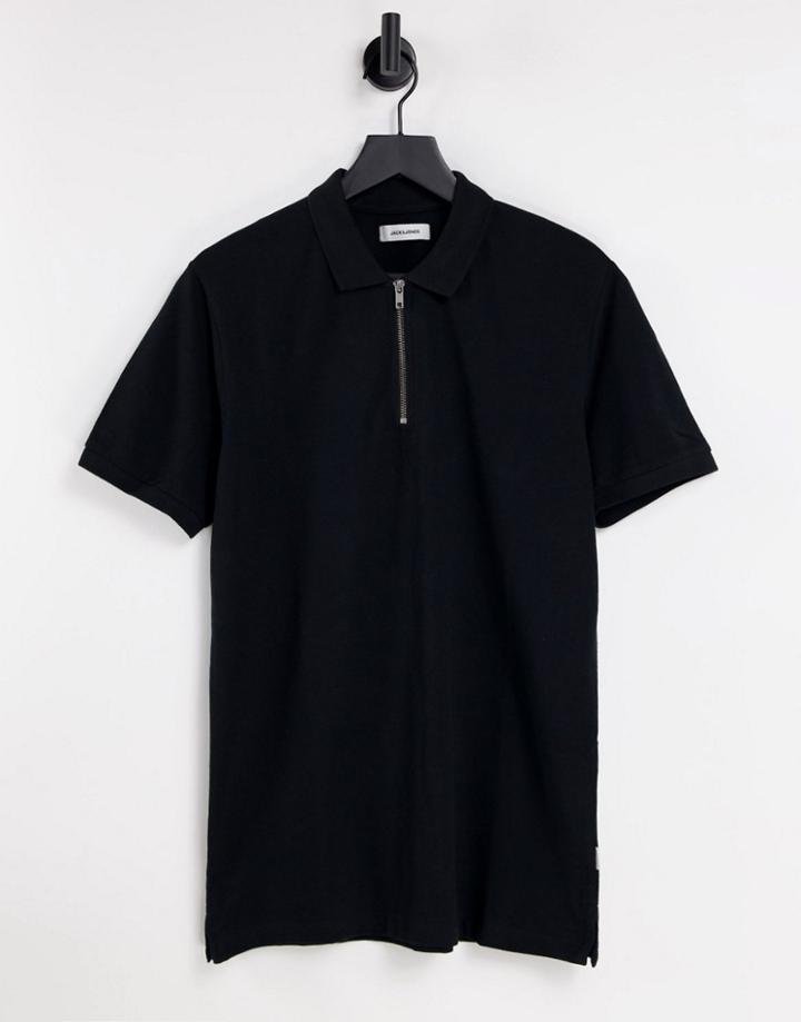 Jack & Jones Premium Quarter Zip Polo In Black