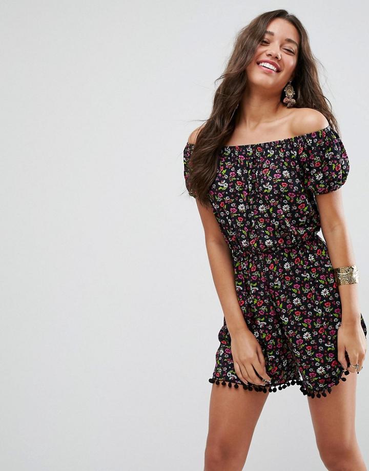 Asos Jersey Off Shoulder Romper With Pom Pom Hem In Ditsy Floral Print - Multi