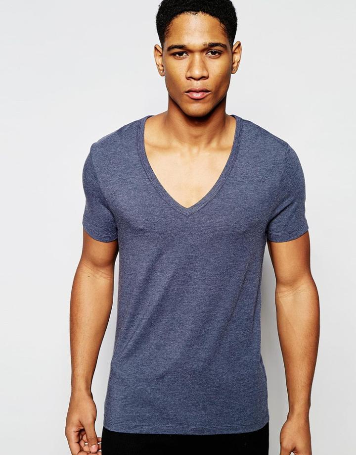 Asos Loungewear Muscle T-shirt With Deep V-neck In Navy Marl - Navy Marl