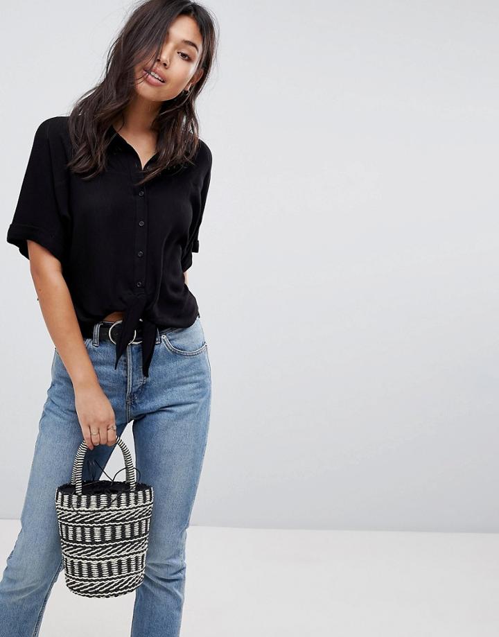 Asos Tie Front Shirt In Crinkle - Black