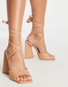 Public Desire Mojito Tie Up Block Heel Sandals In Beige-neutral