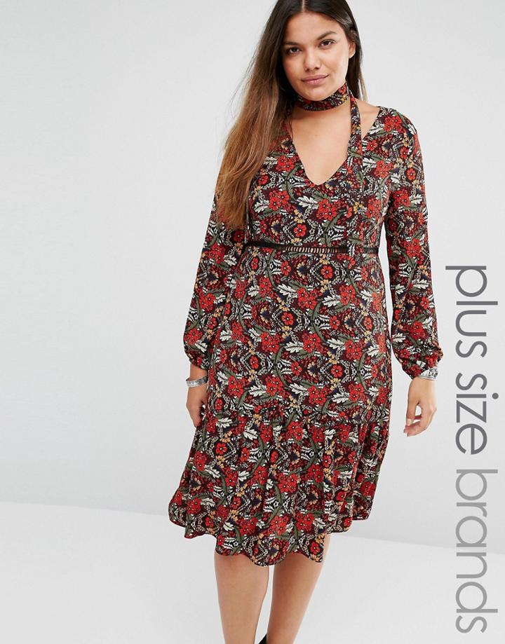 Alice & You Midi Dress In All Over Floral Print And Neck Tie - Multi