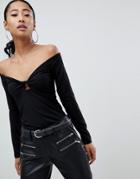 Asos Design Twist Front Off Shoulder Top With Long Sleeve - Black