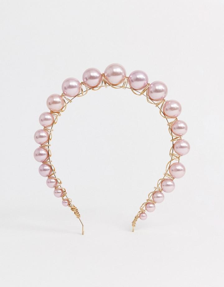 Asos Design Headband With Graduating Pearls In Lilac - Purple