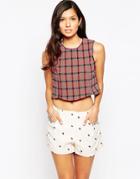 Harlyn Slit Back Popply Plaid Sleeveless Crop Top - Red