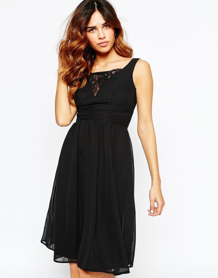 Elise Ryan Ruched Midi Skater Dress With Plunge Lace Bust - Black $43.00