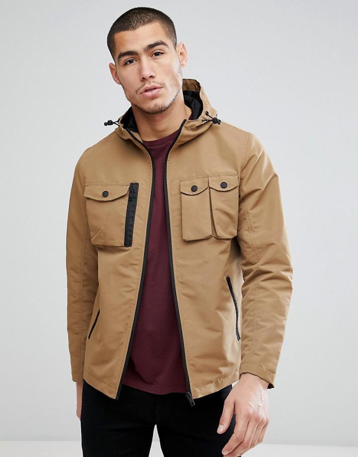 Brave Soul 4 Pocket Hooded Harrington Jacket - Stone