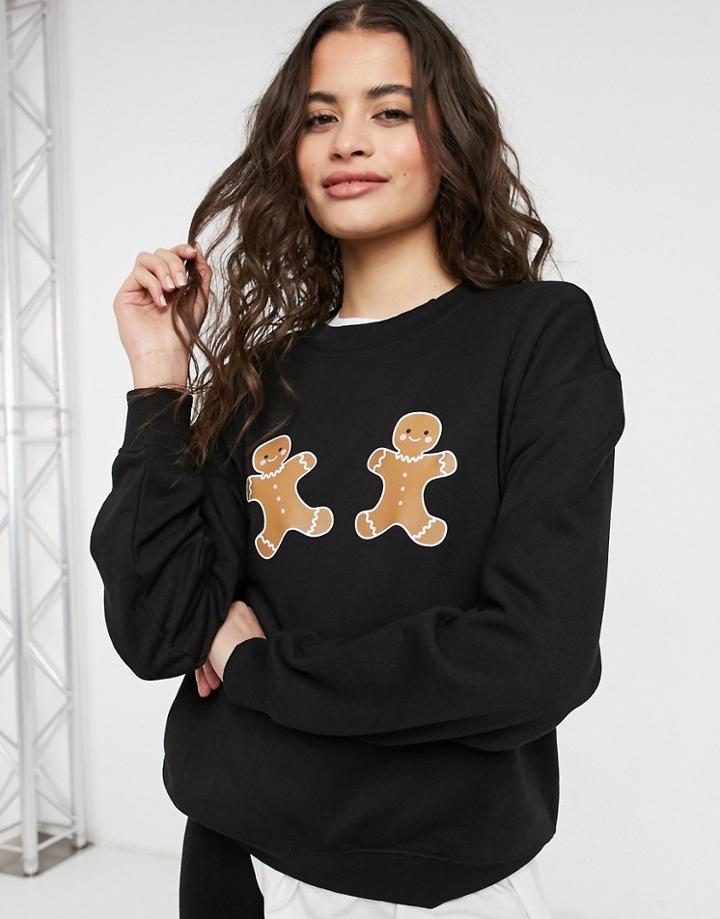 Monki Nana Organic Cotton Blend Gingerbread Man Print Sweatshirt In Black