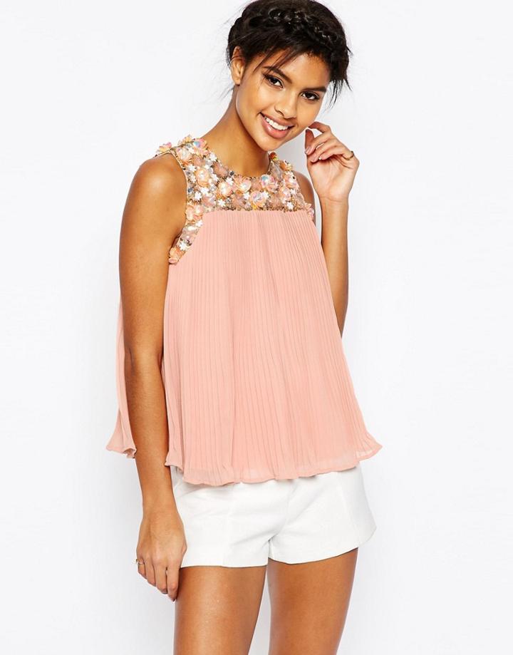 Asos Sleeveless Flower Embellished Pleated Top - Multi